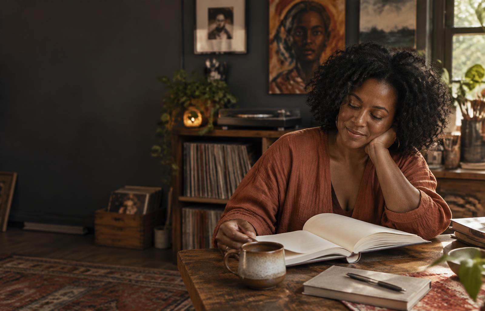 An African American woman reading in a warm, art-filled room